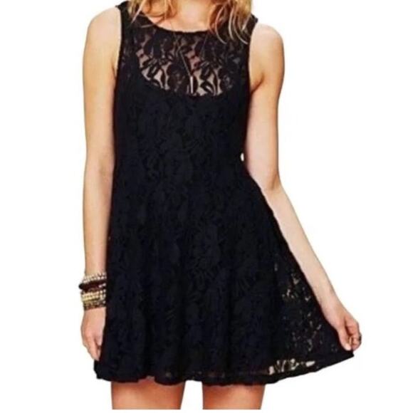 Free People Black Miles Of Lace Fit and Flare Style Dress - Picture 1 of 9